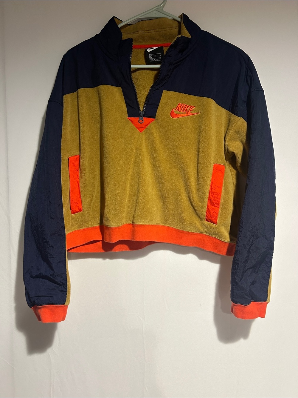 Nike Kids Two-Tone Puffer-Panel Fleece Half-Zip Jacket in Mustard, Navy & Orange